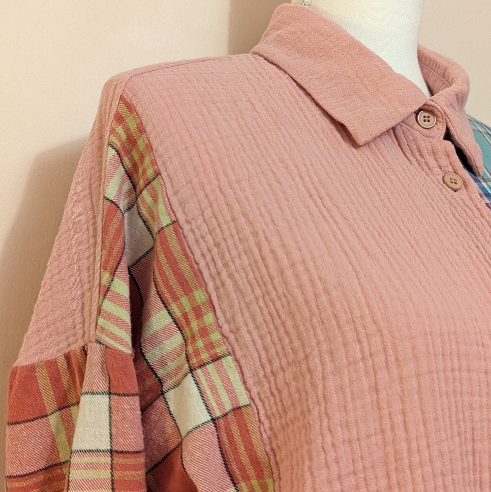Pastel 100% cotton colour block plaid shirt button collared down oversized small - Picture 10 of 16